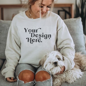 Gildan 18000 Sand Mockup | Gildan Sweatshirt Mockup | Lifestyle Mockup With Dog | Dog Shirt Mockup | Mockup With Dog | Model Mockup