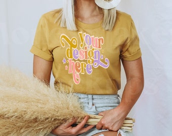 Bella Canvas 3001 Mockup | Bella Canvas Mustard Shirt | Tshirt Mockup | Spring Shirt Mockup | Summer T-Shirt Mockup | Model Mockup