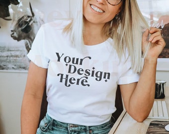Bella Canvas 3001 Mockup | Bella Canvas Shirt | White Bella Canvas 3001 Mockup | White Shirt Mock | Model Mockup | Boho Mockup | Lifestyle