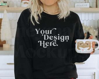 Maqueta navideña / Maqueta de Gildan 18000 negra / Maqueta de sudadera navideña / Maqueta de sudadera con capucha navideña / Maqueta de invierno / Sudadera navideña