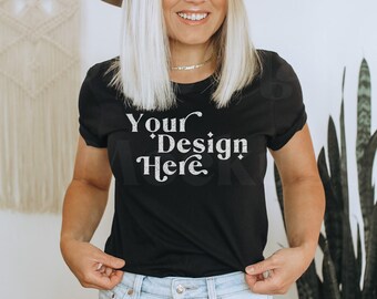 Bella Canvas 3001 Black Shirt Mockup | Boho Model Mockup