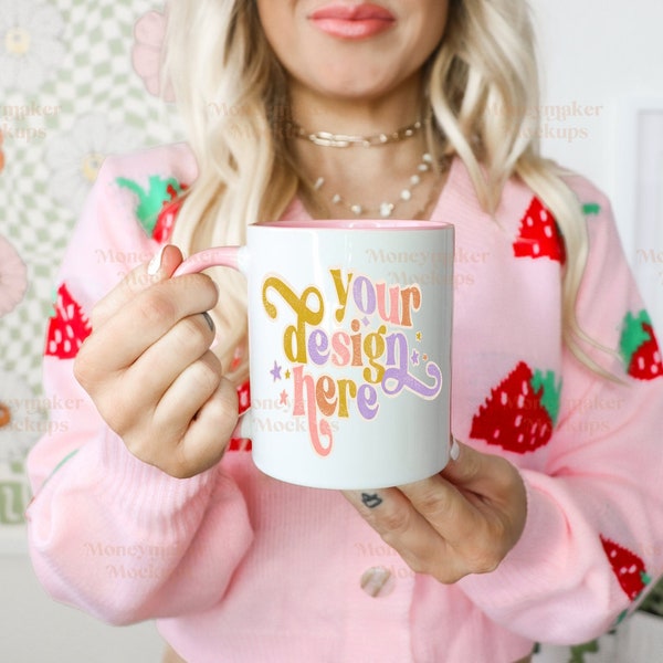 Mug Mockup | Valentines Day Mockup | 11 oz White and Pink Accent Coffee Mug Mockup | Coffee Mug Mockup | Accent Mug Mockup | Spring Mockup