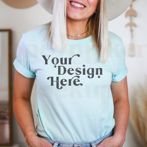 Bella Canvas 3001 Mockup | Bella Canvas Heather Ice Blue Shirt | Tshirt Mockup | Heather Ice Blue Mockup | Model Mockup | Boho Mockup
