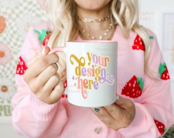 Mug Mockup | Valentines Day Mockup | 11 oz White and Pink Accent Coffee Mug Mockup | Coffee Mug Mockup | Accent Mug Mockup | Spring Mockup