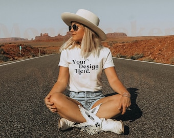 Western Mockup | Cowgirl Mock-Up | Bella Canvas 3001 Mockup | Bella Canvas White Shirt | White Shirt Mockup | Lifestyle Mockup