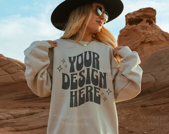 Western Mockup | Cowgirl Mock-Up | Gildan 18000 Sand Mockup | Sand Gildan 18000 Mockup | Sand Sweatshirt Mock | Cowgirl Mockup
