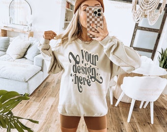 Gildan 18000 Mockup | Gildan Sand Sweatshirt Mockup | Lifestyle Mockup | Gildan Sweatshirt Mockup | Model Mockup | Sand Sweatshirt Mockup
