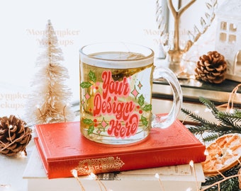 Mockup kerstmok | Kerstmodel | Mockup glazen mok van 10 oz | Mockup glazen mok | Mockup mok | Mockup doorzichtige mok | Vakantiemok