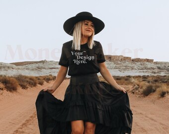 Bella Canvas 3001 Mockup | Bella Canvas Black Shirt | Black Shirt Mockup | Lifestyle Mockup | Model Mockup | Boho Mockup | Nature Mockup