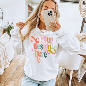 Trendy Mockup | Gildan 18000 Mockup | White Gildan Sweatshirt Mockup | Lifestyle Mockup | Gildan Sweatshirt Mockup | Y2K Mockup
