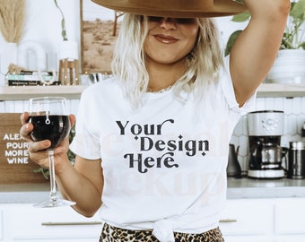 White Bella Canvas 3001 Mockup | Wine Shirt Mockup | Black Shirt Mockup | Lifestyle Mockup | Mockup With Wine | Fall Shirt Mockup