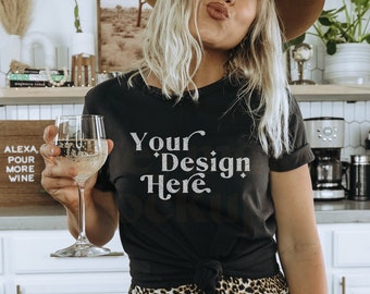 Black Bella Canvas 3001 Mockup | Wine Shirt Mockup | Black Shirt Mockup | Lifestyle Mockup | Mockup With Wine | Boho Mockup | Fall Mockup