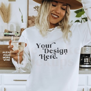 Gildan 18000 White Mockup | Gildan Sweatshirt Mockup | Lifestyle Mockup With Wine | Wine Shirt Mockup | Mockup With Wine | Model Mockup