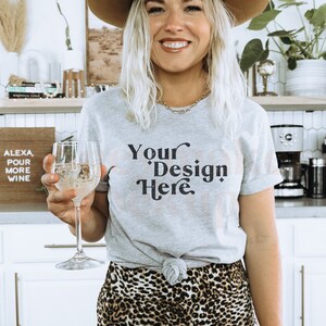Athletic Heather Bella Canvas 3001 Mockup | Wine Shirt Mockup | Black Shirt Mockup | Lifestyle Mockup | Mockup With Wine | Fall Shirt Mockup