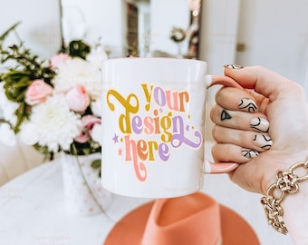 Mug Mockup | Spring Mug Mockup | 11 oz White and Pink Accent Coffee Mug Mockup | Coffee Mug Mockup | Styled Mug Mockup | Summer Mockup