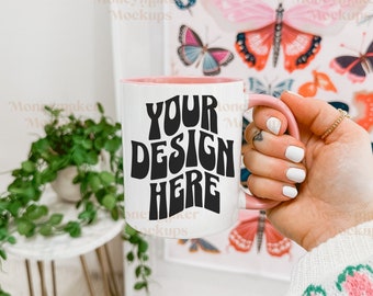Mug Mockup | Valentines Day Mockup | 11 oz White and Pink Accent Coffee Mug Mockup | Coffee Mug Mockup | Accent Mug Mockup | Spring Mockup