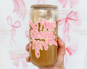 Glass Can Mockup | 16 oz Glass Can Mockup | Libbey Glass Mockup | Mockup with Bows | Coquette Aesthetic Mockup | Cottagecore Mockup