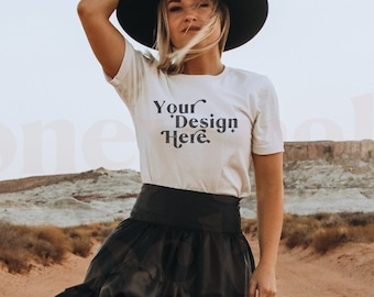 Western Mockup Bella Canvas 3001 | Bella Canvas White Shirt | White Shirt Mockup | Lifestyle Mockup | Model Mockup | Nature Mockup