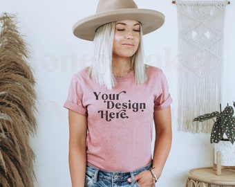 Bella Canvas 3001 Mockup | Heather Mauve Bella Canvas 3001 Mockup | T-Shirt Mockup | Model Mockup | Boho Mockup | Lifestyle Mock