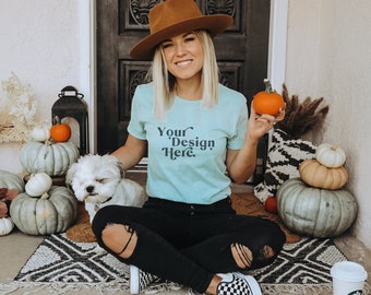 Dusty Blue Bella Canvas 3001 Mockup | Dusty Blue | Fall Shirt Mockup | Mockup With Dog | Fall T-Shirt Mockup | Fall Mockup | Halloween Mock