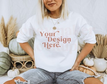White Gildan 18000 Mockup | Fall Hoodie Mockup | Autumn Mockup | Fall Shirt Mockup | Fall Mockup | Halloween Mockup | Sweatshirt Mockup