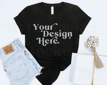 Bella Canvas 3001 mock-up | Bella canvas vintage zwart shirt | Zomermodel | Mockup zwart shirt | Platliggend mock-up | Minimalistische mock-up