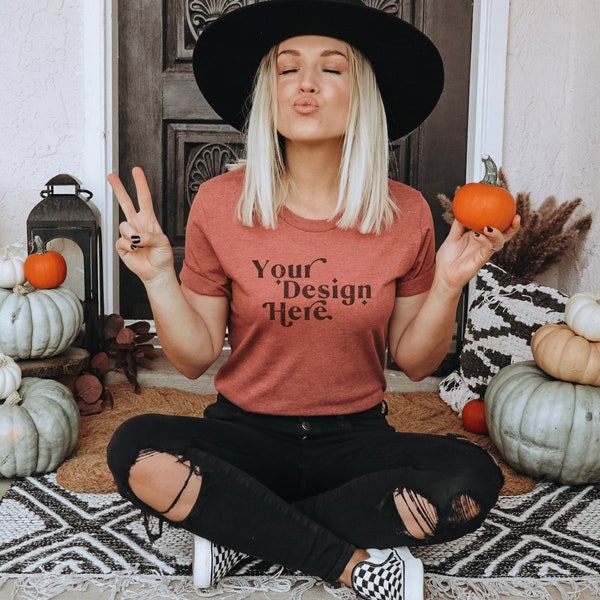 Bella Canvas 3001 Mockup | Bella Canvas Heather Clay | Halloween Mockup | Autumn Mockup | Fall T-Shirt Mockup | Boho Mockup | Fall Mockup