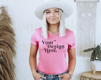 Bella Canvas 3001 Mockup | Bella Canvas Heather Raspberry Shirt | Raspberry Bella Canvas 3001 Mockup | Pink Shirt Mockup | Model Mockup