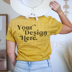 Bella Canvas 3001 Mockup | Bella Canvas Mustard Shirt | Tshirt Mockup | Mustard Mockup | Model Mockup | Boho Mockup | Back Of Shirt Mockup