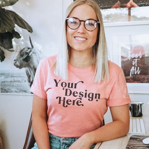 Bella Canvas 3001 Mockup | Bella Canvas Shirt | Heather Prism Sunset Bella Canvas 3001 Mockup | Pink Shirt Mock | Model Mockup | Boho Mockup