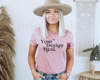 Bella Canvas 3001 Mockup | Heather Mauve Bella Canvas 3001 Mockup | T-Shirt Mockup | Model Mockup | Boho Mockup | Lifestyle Mock