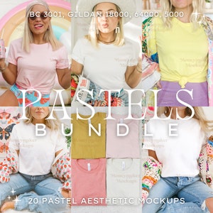 May include: A set of 20 pastel colored t-shirt mockups featuring different models wearing the shirts in various poses. The text "PASTELS BUNDLE" is displayed in large letters across the top of the image. The text "20 PASTEL AESTHETIC MOCKUPS" is displayed at the bottom of the image.