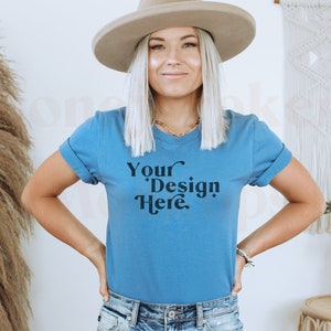 Bella Canvas 3001 Mockup | Bella Canvas Steel Blue Shirt | Blue Tshirt Mockup | Steel Blue Mockup | Model Mockup | Boho Mockup | Boho Mock