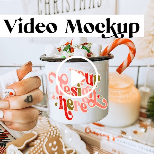 Christmas Mug Mockup Video | Video Mockup Enamel Camp Cup Mug Mockup | 11 Oz Black Mug Mockup | Holiday Mockup | Christmas Mug Mockup