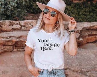 Bella Canvas 3001 Mockup | Bella Canvas White Shirt | White Shirt Mockup | Lifestyle Mockup | Model Mockup | Boho Mockup | Nature Mockup