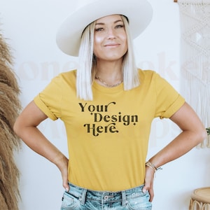 Bella Canvas 3001 Mockup | Bella Canvas Mustard Shirt | Yellow Tshirt Mockup | Spring Shirt Mockup | Summer T-Shirt Mockup | Model Mockup