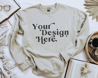 Gildan 18000 Mockup | Gildan 18000 Sand Sweatshirt | Flat Lay Sweatshirt Mockup | Bookworm Mockup | Book Lovers Mockup | Lifestyle Mock