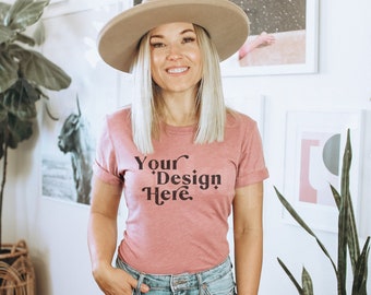 Bella Canvas 3001 Mockup | Heather Mauve Bella Canvas 3001 Mockup | T-Shirt Mockup | Model Mockup | Boho Mockup | Lifestyle Mock