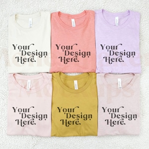 Bella Canvas 3001 Mockup | Multiple Shirt Mockup | Bachelorette Mockup | Wedding Party Mockup |  Heather Prism, Peach, Mustard, Soft Cream