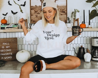 White Gildan 18000 Mockup | Fall Hoodie Mockup | Autumn Mockup | Fall Shirt Mockup | Fall Mockup | Halloween Mockup | Sweatshirt Mockup