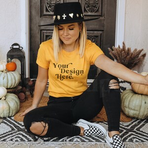 Gold Bella Canvas 3001 Mockup | Bella Canvas Gold | Fall Shirt Mockup | Autumn Mockup | Fall T-Shirt Mockup | Fall Mockup | Halloween Mockup