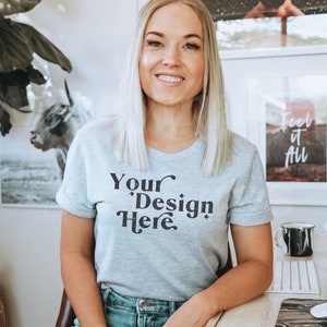 Bella Canvas 3001 Mockup | Bella Canvas Shirt | Athletic Heather Bella Canvas 3001 Mockup | Gray Shirt Mockup | Model Mockup | Boho Mockup