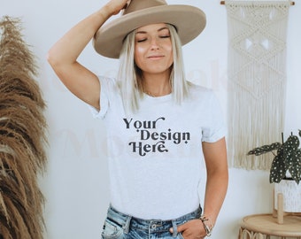 Bella Canvas 3001 Ash Shirt Mockup | Boho Model Mockup (PNG or JPG)