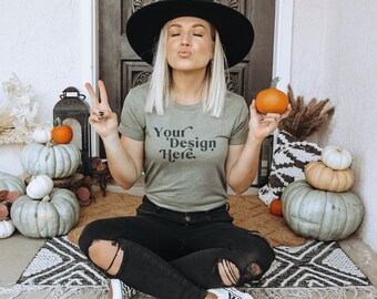 Heather Olive Bella Canvas 3001 Mockup | Fall T-Shirt Mockup (Digital File)