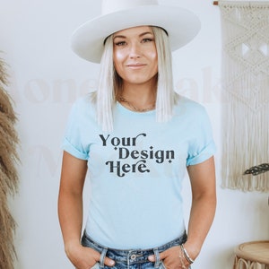 Bella Canvas 3001 Mockup | Bella Canvas Heather Ice Blue Shirt | Blue Tshirt Mockup | Heather Ice Blue Mockup | Model Mockup | Boho Mockup
