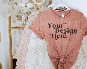 Bella Canvas 3001 Mockup | Heather Mauve Hanging T-Shirt Mockup