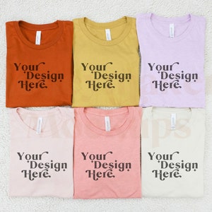 Bella Canvas 3001 Mockup | Multiple Shirt Mockup | Bachelorette Mockup | Wedding Party Mockup |  Heather Prism, Peach, Mustard, Soft Cream