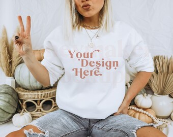 White Gildan 18000 Mockup | Fall Hoodie Mockup | Autumn Mockup | Fall Shirt Mockup | Fall Mockup | Halloween Mockup | Sweatshirt Mockup