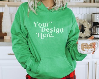 May include: A bright green hooded sweatshirt with a white design that says "Your Design Here".