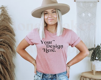 Bella Canvas 3001 Mockup | Heather Mauve Bella Canvas 3001 Mockup | T-Shirt Mockup | Model Mockup | Boho Mockup | Lifestyle Mock